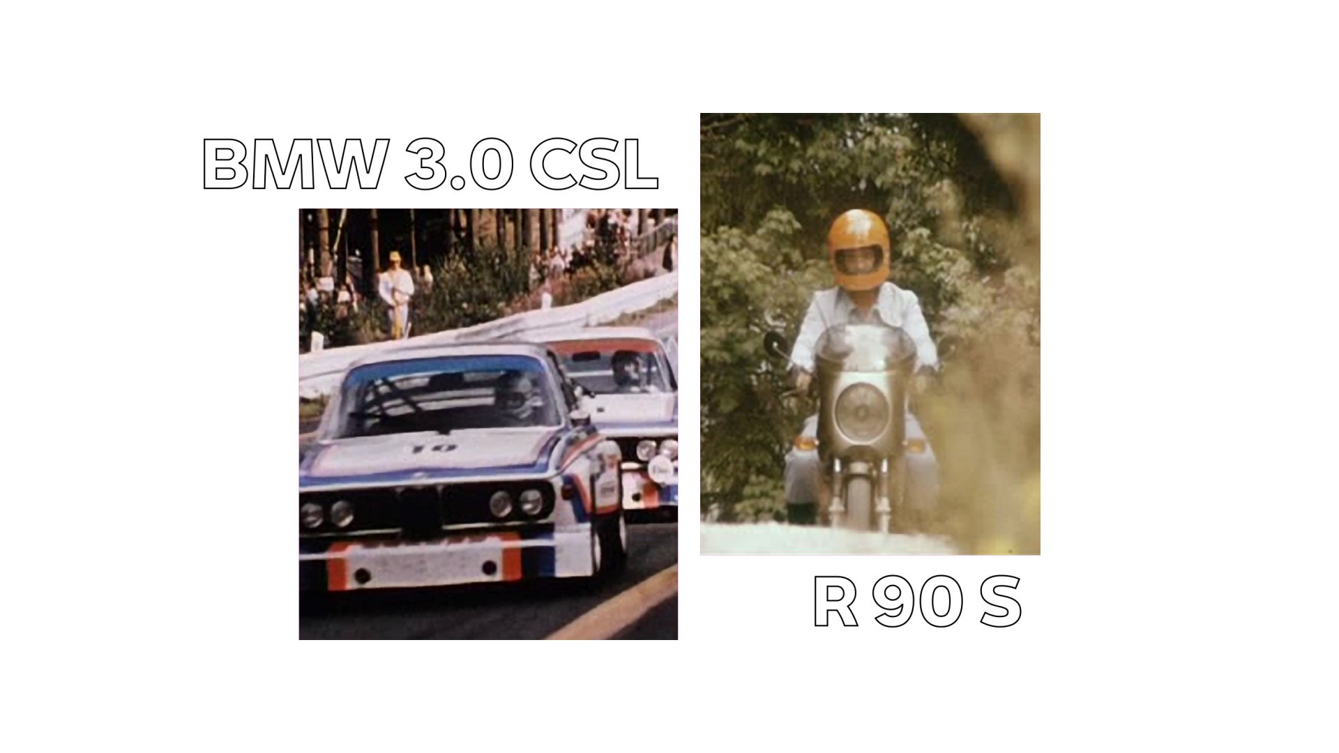 Links eine historische Aufnahme des BMW 3.0 CSL, rechts die BMW R 90 S von Helmut Dähne.