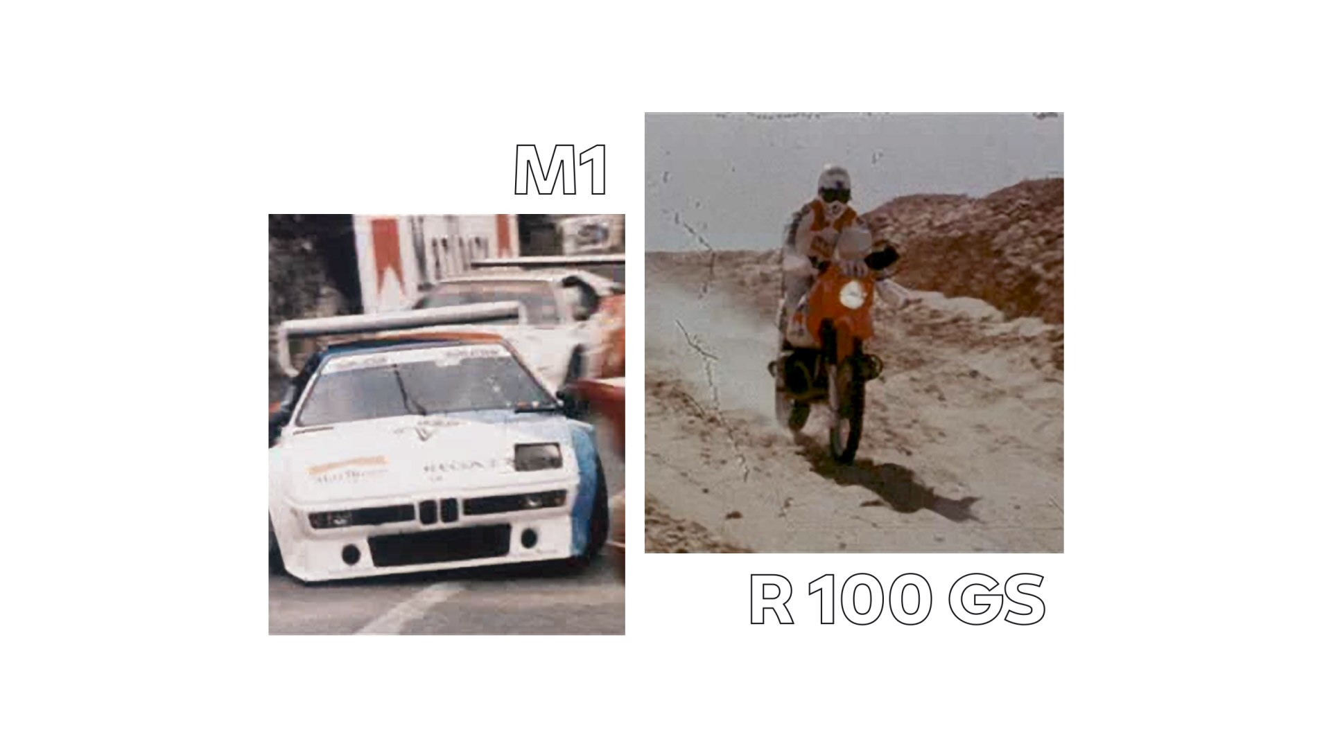 Links eine historische Aufnahme des BMW M1, rechts die legendäre Rallye Paris Dakar Maschine.