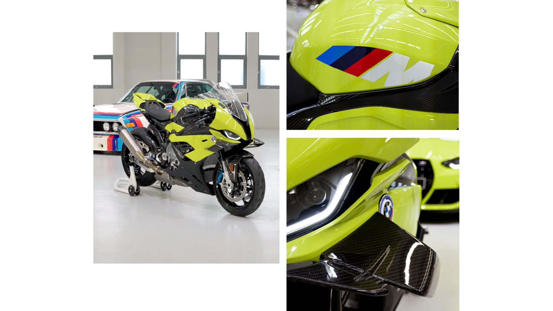 Die M RR 50 Years M in der Frontansicht. Deutlich zu erkennen: die Winglets. Das BMW M Logo mit den drei ikonischen Farben Blau, dunkles Blau und Rot, die dynamisch schräg an das das weiße M gelehnt sind