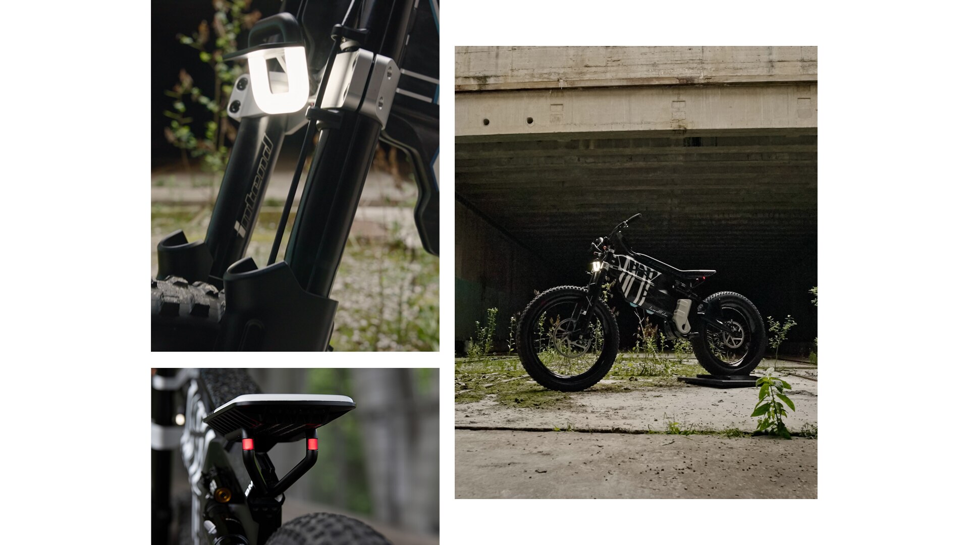 Das BMW Motorrad Vision AMBY steht mit seiner außergewöhnlichen Optik und wuchtigen Stollenreifen auf einem verlassenen Fabrikgelände.