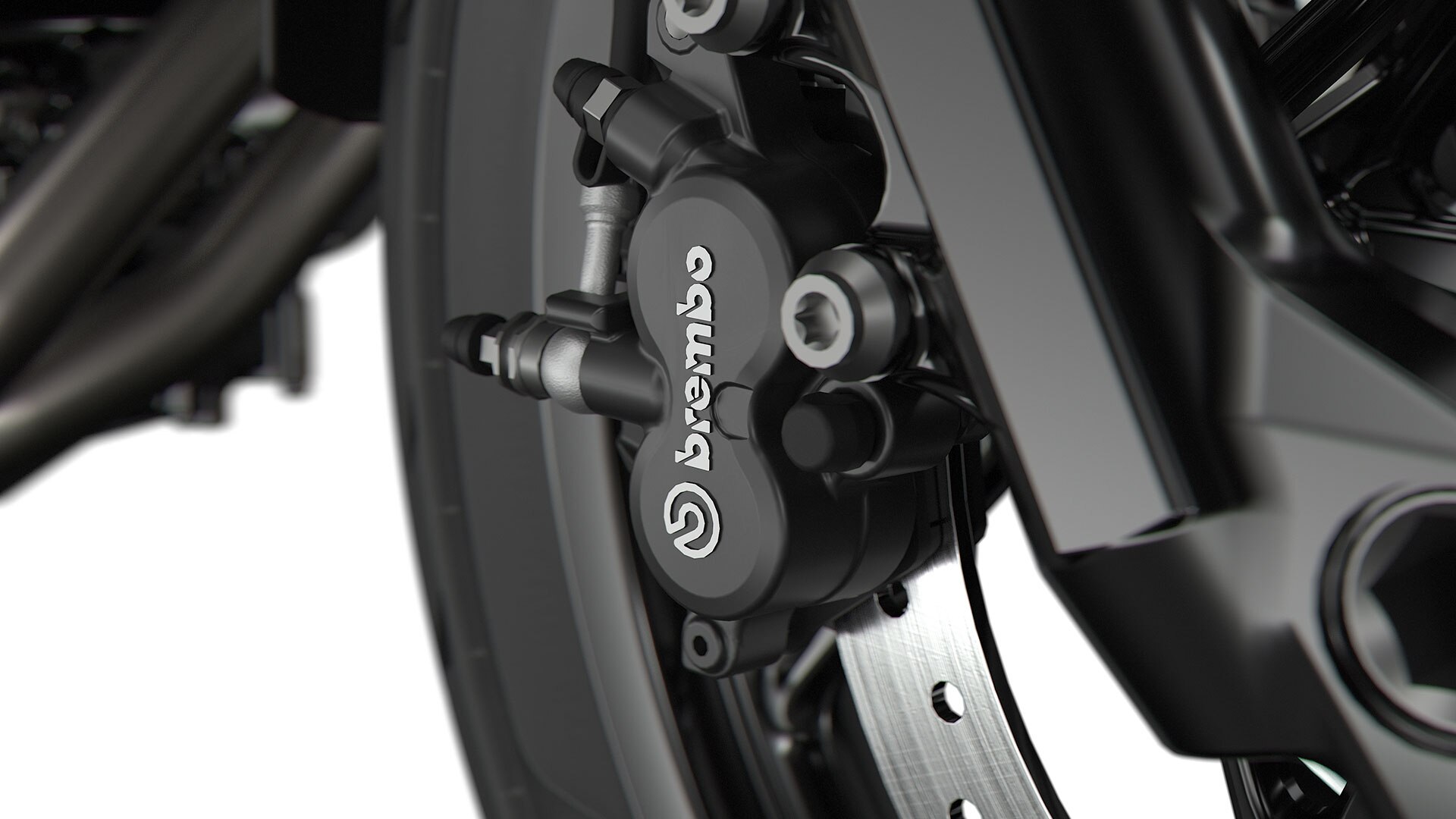 Wir sehen die schwarze Brembo Bremsanlage.