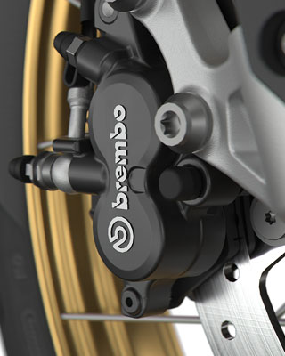 Wir sehen die schwarze Brembo Bremsanlage.