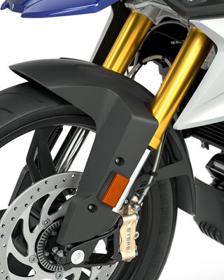 Wir sehen die goldeloxierte Upside-down-Gabel der G 310 GS.