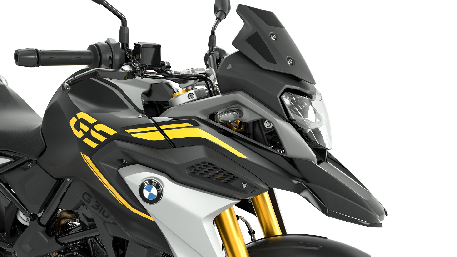 Wir sehen die Seitenansicht der Front der G 310 GS mit Fokus auf dem schwarz getöntem Windschild.