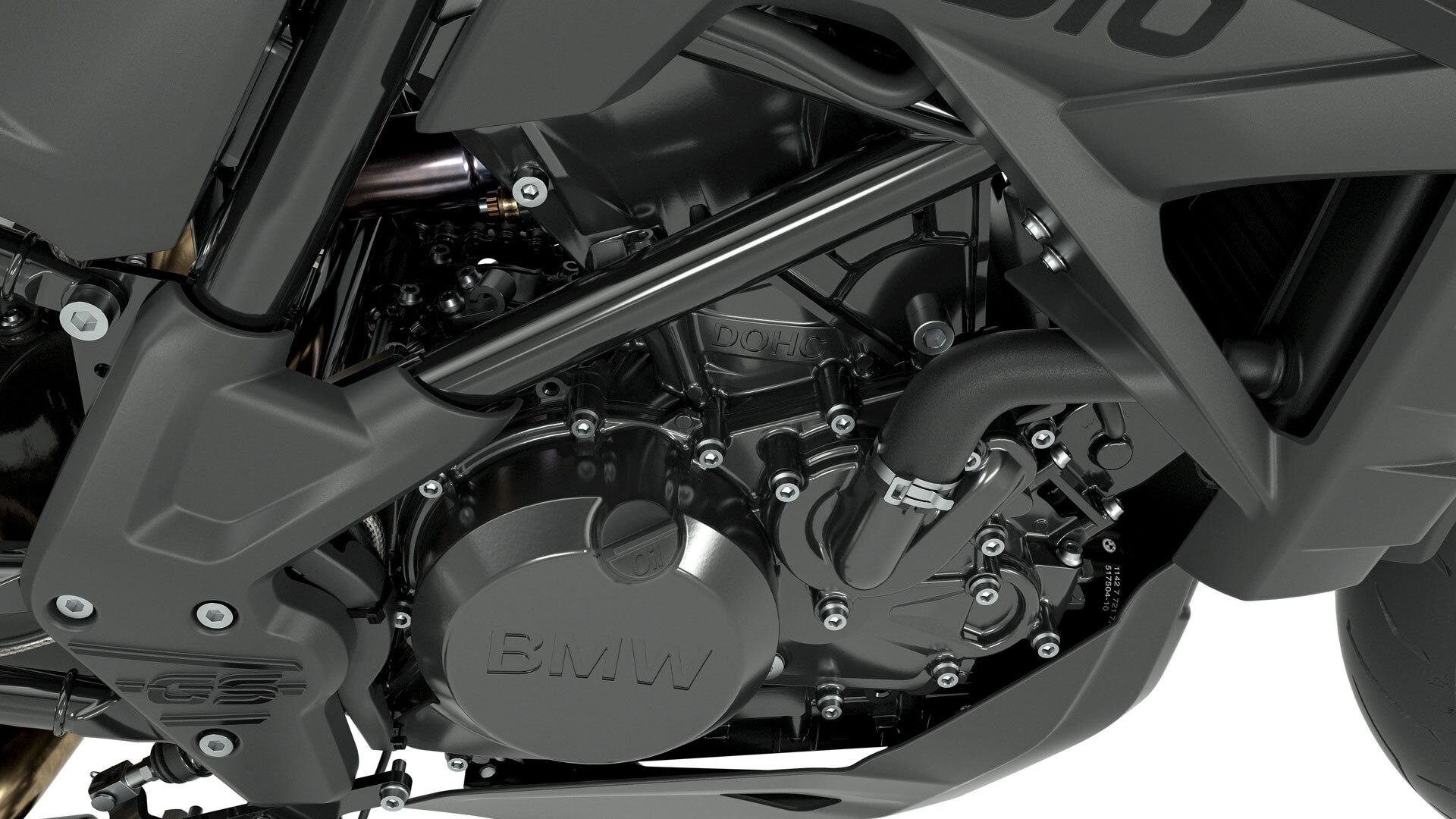 Wir sehen den vollständig schwarzen Motorblock mit G 310 Schriftzug.