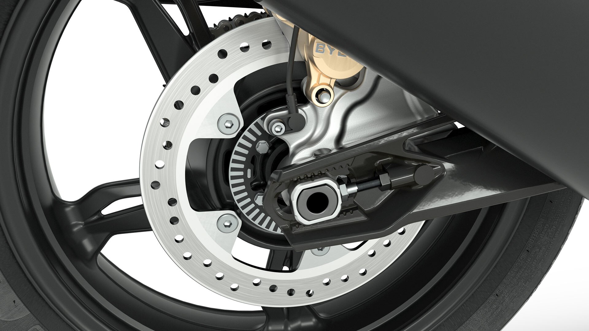 Wir sehen einen Detailausschnitt der schwarzen Felgen der G 310 GS.