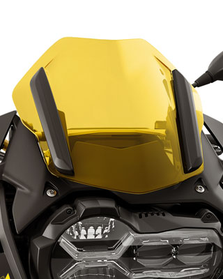 Wir sehen den sportlichen Windschild in Gelb der Edition 40 Years GS.