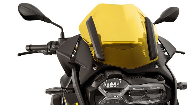 Wir sehen den sportlichen Windschild in Gelb der Edition 40 Years GS.