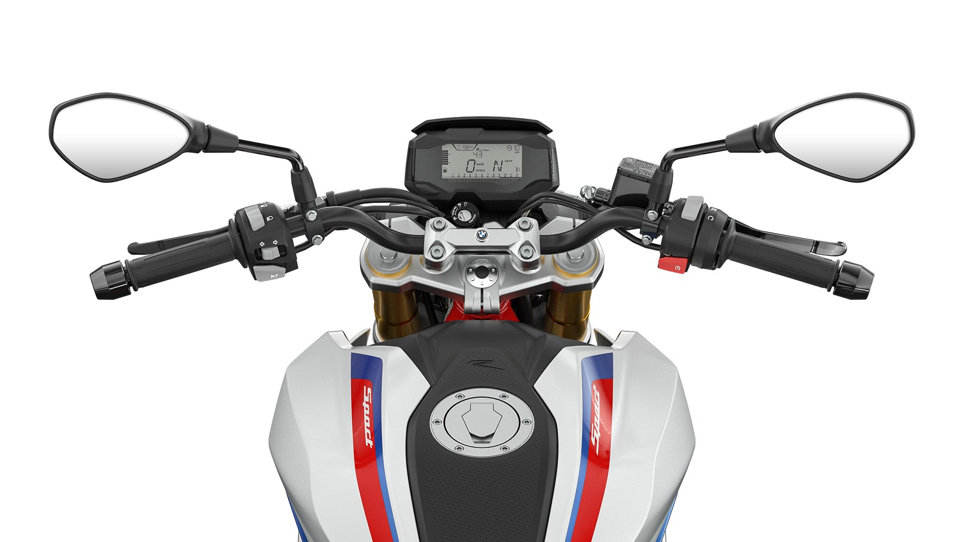 Wir sehen den Lenker und die Bedienelemente der G 310 R.