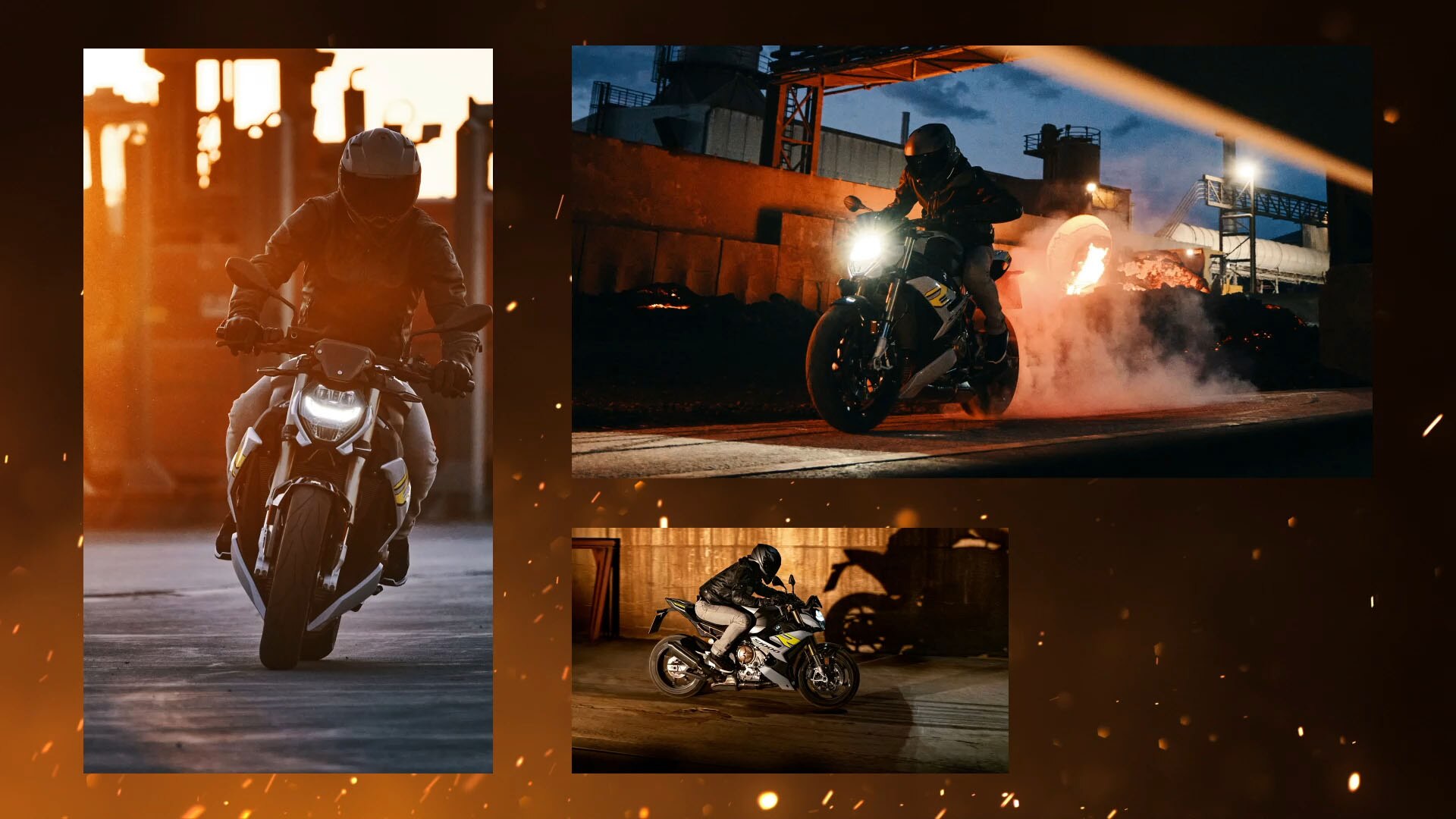 Eine Collage an Fahraufnahmen der S 1000 R auf einem mit Rauch und Funkenflug animierten Hintergrund.